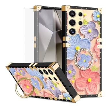 Imagem de Asuwish Capa de celular para Samsung Galaxy S24 Ultra 5G Capa magnética com protetor de tela de vidro temperado e anel protetor de flor de pintura suporte rígido S24Ultra 24S S 24 24Ultra Mulheres
