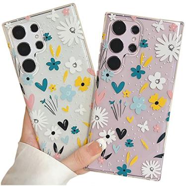 Imagem de YeLoveHaw Capa para celular Samsung Galaxy S23 Ultra para mulheres e meninas, estampa floral colorida e rosa fofo em forma de coração, capa protetora rígida fina e transparente para S23Ultra 5G de 6,8