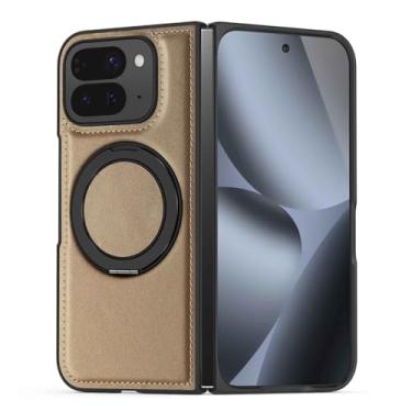 Imagem de LTLMYDAM Capa fina para Google Pixel 10 Pro Fold, suporte de anel giratório, capa de sucção magnética, couro estilo empresarial, capa à prova de choque, bege, 10 dobras profissionais