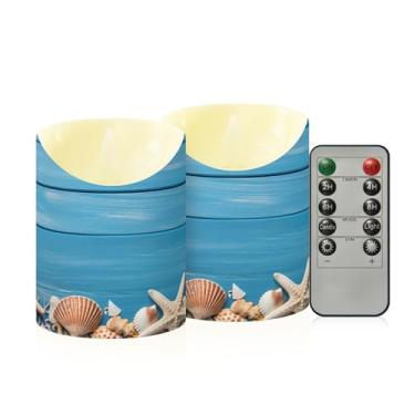 Imagem de Wassud Velas azuis de madeira com estrelas do mar sem chama com controle remoto, velas realistas cintilantes com temporizador, velas decorativas para Natal, casamento, festa, decoração de casa pequena