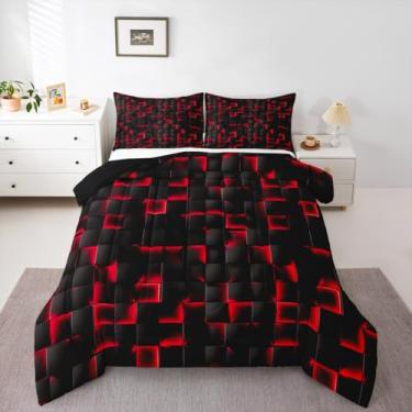 Imagem de Erosebridal Conjunto de edredom para meninos, vermelho e preto, geométrico, quadriculado, decoração de quarto de jogos, geométrico, xadrez, geométrico, edredom