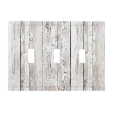 Imagem de Tulpock Capa de interruptor de luz de cabine de madeira branca e cinza rústica decorativa campestre cinza madeira 3 gangues placa de parede com interruptor elétrico para banheiro cozinha 17 cm x 12 cm
