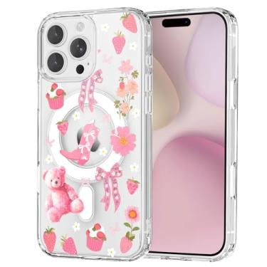 Imagem de OFQKOAKS Capa para iPhone 16 Pro Max, compatível com MagSafe, linda capa de celular romântica com laço de bolo de morango, capa protetora fina e transparente para amantes