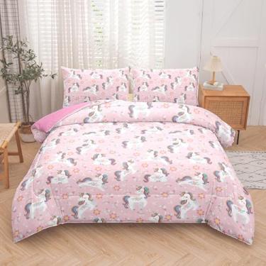 Imagem de Peopleareok Conjunto de edredom casal de unicórnio para meninas (199 x 232 cm), 3 peças, estampa de unicórnio rosa e roxo fofo com 2 fronhas, edredom kawaii para decoração de quarto de meninas todas