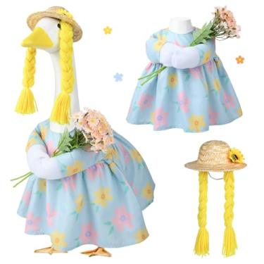 Imagem de VIVOLOOM Roupa de ganso para varanda de primavera, vestido floral de 58 cm com chapéu de palha e cabelo trançado, linda estátua de ganso para decoração de jardim ao ar livre, decoração engraçada de