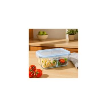 Imagem de Pote Retangular Hermético com Divisória, Vidro Borossilicato, 1520ml, Transparente com Tampa Azul, 22x17x8cm, para Micro-ondas e Freezer
