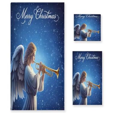 Imagem de Qilmy Conjunto de toalhas de anjo trompete de Natal de 3 peças, conjunto de toalhas decorativas de banheiro macias absorventes com toalha de banho, toalha de mão e toalha de banho