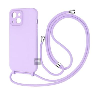 Imagem de Capa Case Capinha Para iPhone 13 Silicone Com Cordão Alça De Pescoço Ajustável Veludo Premium (LILÁS)