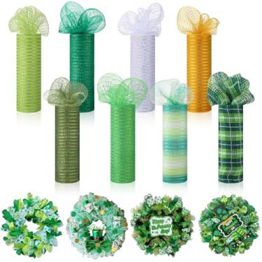 Imagem de Newwiee 8 rolos de fita de malha do dia de São Patrício para coroas de 25,4 cm x 7,6 m cada rolo, decoração de fita de malha metálica poli metálica, decoração, artesanato, suprimentos para primavera e