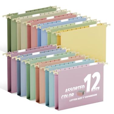 Imagem de Ansook Pastas de arquivo suspensas de plástico tamanho carta, expansão resistente de 2,5 cm, pacote com 12 pastas de arquivo de capacidade extra, pastas de arquivo pastel penduradas com abas