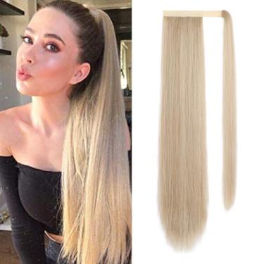 Imagem de Grampo de extensão de rabo de cavalo longo e reto ao redor de rabo de cavalo extensões de cabelo sintético macio natural para mulheres loiro de 71 cm com destaques dourados pálidos