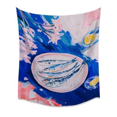 Imagem de Tapeçaria de parede de placa de sardinhas mediterrâneas vintage ilustração de cozinha costeira azul rosa abstrato decoração de comida do mar sala de jantar arte pendurada para casa branco 152 x 203 cm