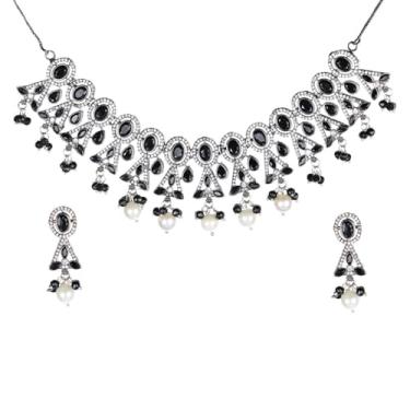 Imagem de Efulgenz Conjunto de joias indianas oxidadas indianas para mulheres boho pedra de cristal oxidado falso pérola sintética Kundan conjuntos de colar brincos pendentes boêmio declaração gargantilha colar