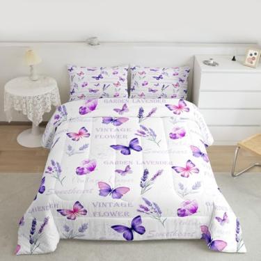 Imagem de Feelyou Conjunto de edredom para meninas, borboleta, todas as estações, flores de lavanda, com 2 fronhas, estética, jardim, microfibra, crianças, Queen, roxo, azul, decoração de quarto, edredom