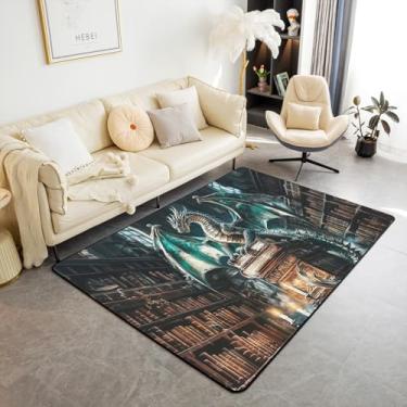 Imagem de Tapete de área de dragão mágico, biblioteca, livros vintage, grade geométrica, tapete antiderrapante para crianças, adolescentes e adultos, dragão verde, animal selvagem, estilo ocidental, tapete
