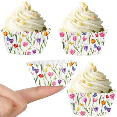 Imagem de Whaline 600 peças de mini forros florais de tulipa de primavera, copos de papel, formas de panificação, muffin, para primavera, casamento, chá de bebê, artigos de festa de aniversário