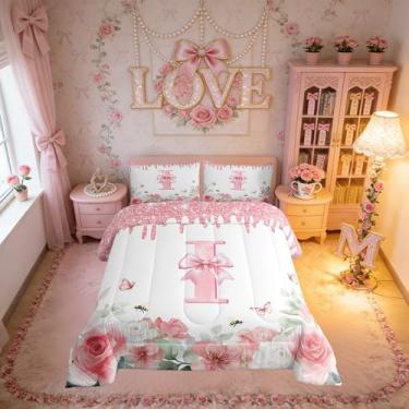 Imagem de Erosebridal Conjunto de edredom para meninas com letra inicial I com desenho animado rosa e laço romântico, borboletas, abelhas, crianças, kawaii, laço, edredom para decoração de quarto, design de