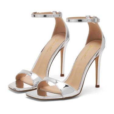 Imagem de GENSHUO Sandálias femininas de salto alto com tira única com bico aberto quadrado, 10 cm, tira no tornozelo, elegante, sexy, vestido de festa de casamento, Prata envernizada., 35