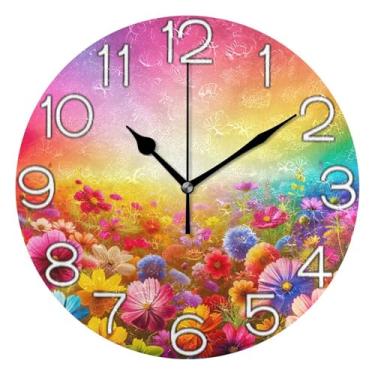 Imagem de Relógio de parede decorativo floral colorido gradiente analógico quarto cozinha relógio redondo sem tique-taque silencioso, arte de parede boho decoração de casa, 25 cm, ponteiros dourados