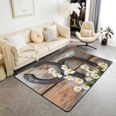 Imagem de Tapete decorativo estilo casa de fazenda, vintage, ferradura, sala de estar, decoração de quarto de crianças, meninos, meninas, tapete rústico, margarida, flores, tapete marrom para cozinha, 13 x 1,80