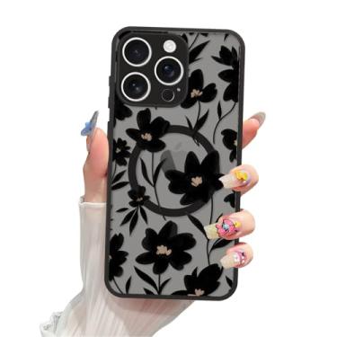 Imagem de FBHGLOA Capa magnética para iPhone 16 Pro Max de 6,9 polegadas, linda flor preta, compatível com MagSafe, capa transparente floral estética TPU macio antiqueda à prova de choque capa fina para