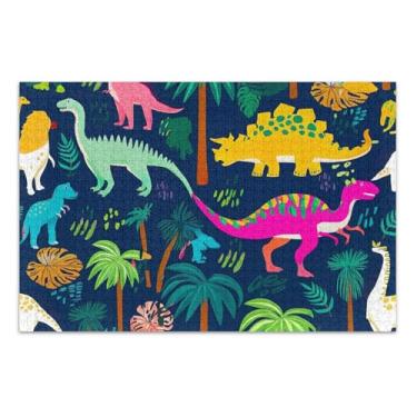 Imagem de Quebra-cabeça para adultos 1000 peças dinossauros coloridos plantas tropicais flor animal pintura natureza quebra-cabeça presentes para amantes de quebra-cabeça, 75 x 40 centímetros