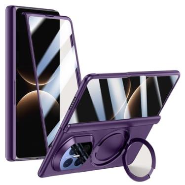 Imagem de POYUFRG Capa magnética para Huawei Mate X7, tela de vidro temperado, proteção de dobradiça, capa fosca com suporte de anel giratório, roxo, Mate X7