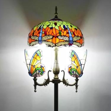 Imagem de Luminária de chão Tiffany com decoração natalina, libélula, borboleta, rosa, uva e chapéu barroco [5 lâmpadas][40,6 cm L x 165 cm A] Luminária de leitura de vitral para sala de estar e quart