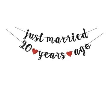 Imagem de SUBOOCA Just Married 20 Years Ago Banner, placa de papel preto para feliz aniversário de casamento 20 anos de festa pendurada suprimentos guirlandas pano de fundo