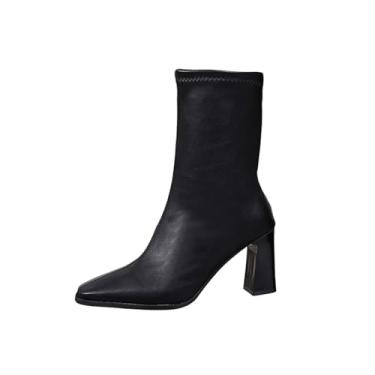 Imagem de Botas femininas casuais de inverno confortáveis plus size curtas retas com bico liso no meio da panturrilha, para clima frio, Preto, 35
