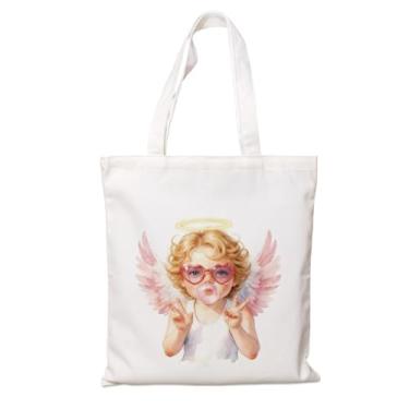 Imagem de Bolsa de lona para o dia dos namorados, bolsa de ombro reutilizável, linda arte de cupido de anjo rosa, presente de lona branca para mulheres, sacola de livros de compras, bolsa estética para o dia a