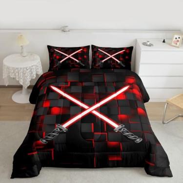 Imagem de Feelyou Conjunto de edredom infantil vermelho e preto, com sabre de luz, para meninos e adolescentes, tecnologia do futuro, conjunto de edredom geométrico, decoração de quarto