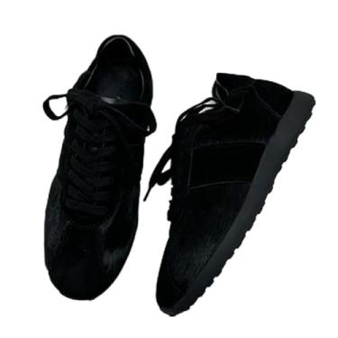 Imagem de Sapatos casuais femininos minimalistas e modernos de couro bovino e crina de cavalo vintage tênis feminino para treinamento feminino, Preto, 34