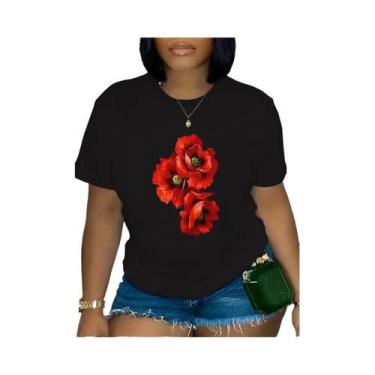 Imagem de Camiseta Feminina plus Size Com Estampa De Papoula Vermelha, Manga Cur