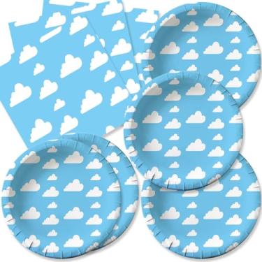 Imagem de JASMPARTY 40 peças de decoração de festa de aniversário ou chá de bebê, céu azul, nuvens brancas, conjunto de pratos e guardanapos descartáveis para 20 convidados