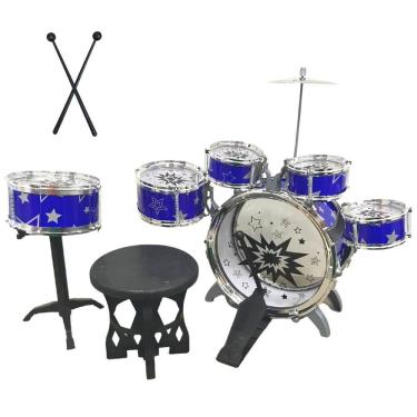 Imagem de Bateria Infantil Musical Completa 5 Tambores Bumbo 30cm Baqueta Banquinho Azul Importway Bw242 Az