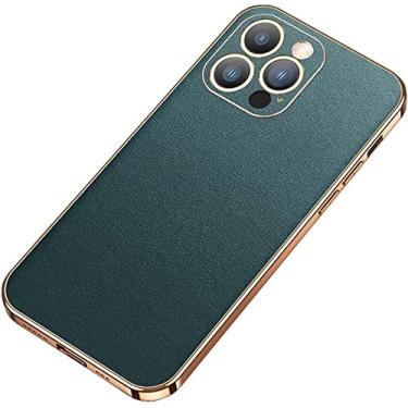 Imagem de FULNES Capa de telefone de borda dourada de couro, para Apple iPhone 14 Plus 2022 Capa traseira à prova de choque com lente de câmera de proteção (Cor: ciano)