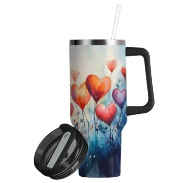 Imagem de ATTX Copo com padrão de amor de 850 g com alça, copo de aço inoxidável a vácuo de parede dupla com palha, caneca de café isolada para viagem #372