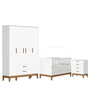 Imagem de Quarto De Bebê Flip Guarda Roupa 4 Portas E Cômoda Gaveteiro Branco Acetinado - Reller