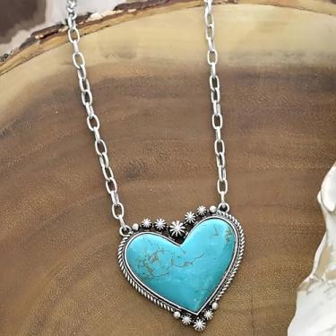 Imagem de Colar com pingente de coração turquesa vintage criativo, estilo boêmio moderno para festas