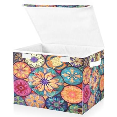 Imagem de Blueangle Caixas de armazenamento de azulejos têxteis orientais coloridos com tampas, 42 x 32 x 30 cm, grande cesta organizadora dobrável para decoração de escritório e armário (549)