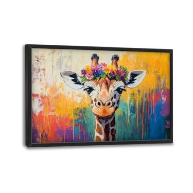 Imagem de Arte de parede grande emoldurada para sala de estar, decoração de parede em tela de cervo Banksy, pintura emoldurada de girafa grande, arte moderna para quarto e escritório 91 cm x 61 cm L