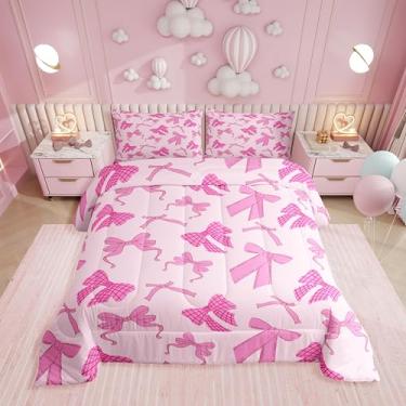 Imagem de Erosebridal Conjunto de cama Queen com laço rosa e nó rosa, para decoração de quarto, com laço xadrez rosa, kawaii, gravata borboleta e laço, 2 fronhas