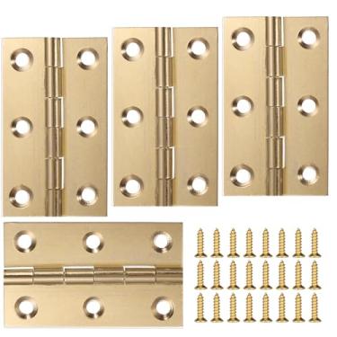 Imagem de 4 peças de dobradiças de armário de latão de 5 cm, mini dobradiças pequenas douradas para artesanato, dobradiça de porta de ouro dobrável pequena com parafusos de montagem para caixa de joias de