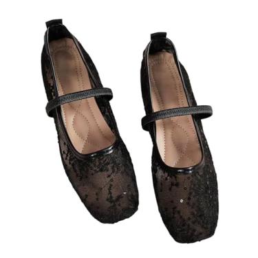 Imagem de GORGLITTER Sapatilhas femininas de malha de renda com fivela e bico quadrado aberto sem cadarço arrastão, Renda preta, 37
