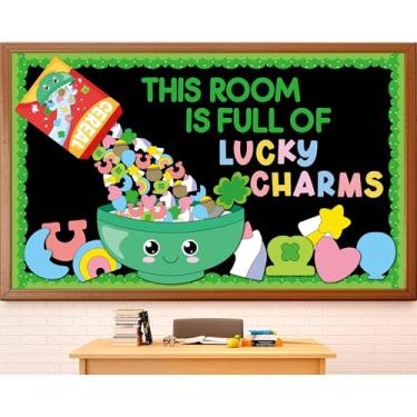 Imagem de Decoração de quadro de avisos de sala de aula do Dia de São Patrício, esta sala está cheia de recortes de cereais da sorte, trevo irlandês, unicórnio, recortes de papel para quadro-negro, porta de