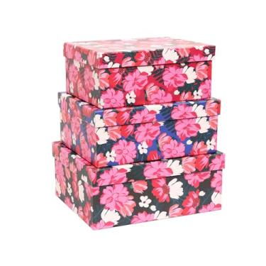 Imagem de MIZFRUZZY Caixas de armazenamento decorativas de 3 peças com tampas, flor rosa e branca vibrante, conjunto de caixa de lembrança de papelão, caixa de armazenamento de fotos para memória, decoração de