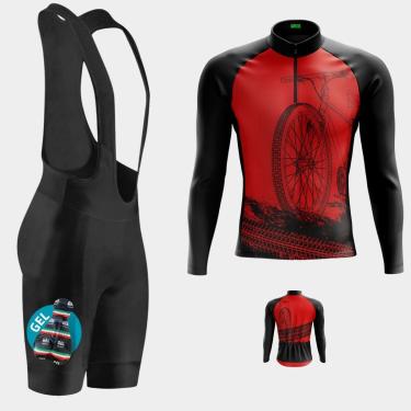 Imagem de Conjunto de Ciclismo Masculino Camisa Bike Vermelha PRO Manga Longa Bolso Traseiro e Bretelle Gel-Masculino