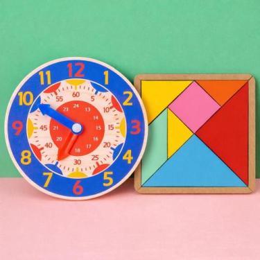 Imagem de Kit Brinquedo Educativo Tangram em MDF Com Relógio Montessori em Madei