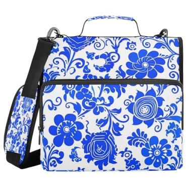 Imagem de SEHANY Fichário de zíper azul e branco com alça de ombro, capacidade para 500 folhas, vários bolsos, fichário com 3 anéis com zíper de 3 cm